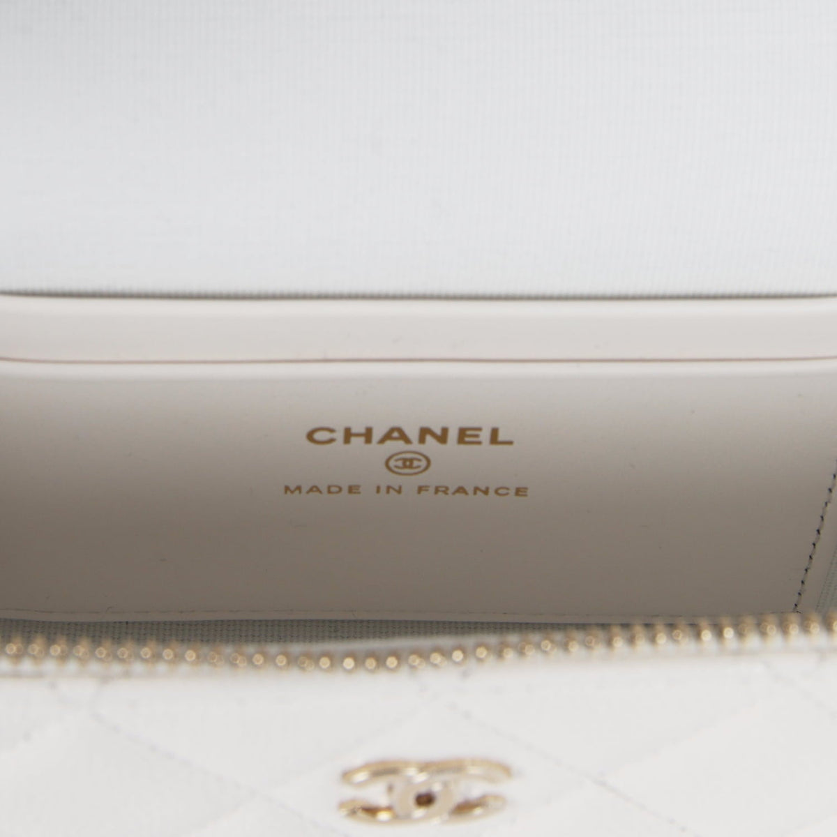 Chanel Top Handle Long Vanity Case with Chain White Shiny Caviar Light Gold Hardware