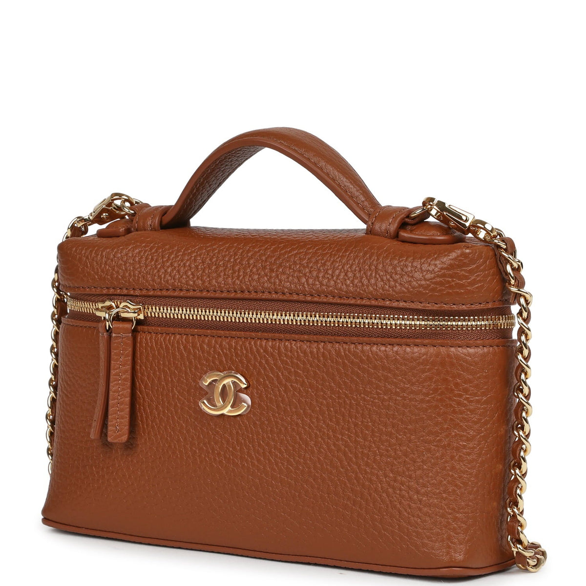 Chanel "Supple" Top Handle Long Vanity Case with Chain Camel Grained Calfskin Gold Hardware