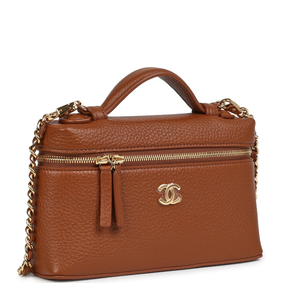 Chanel "Supple" Top Handle Long Vanity Case with Chain Camel Grained Calfskin Gold Hardware