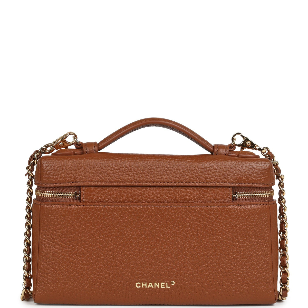 Chanel "Supple" Top Handle Long Vanity Case with Chain Camel Grained Calfskin Gold Hardware