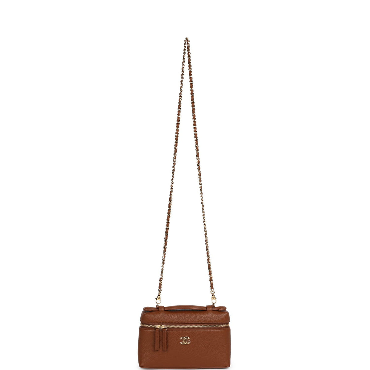 Chanel "Supple" Top Handle Long Vanity Case with Chain Camel Grained Calfskin Gold Hardware