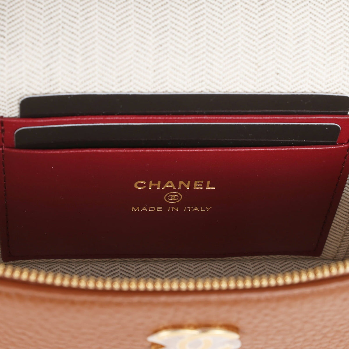 Chanel "Supple" Top Handle Long Vanity Case with Chain Camel Grained Calfskin Gold Hardware