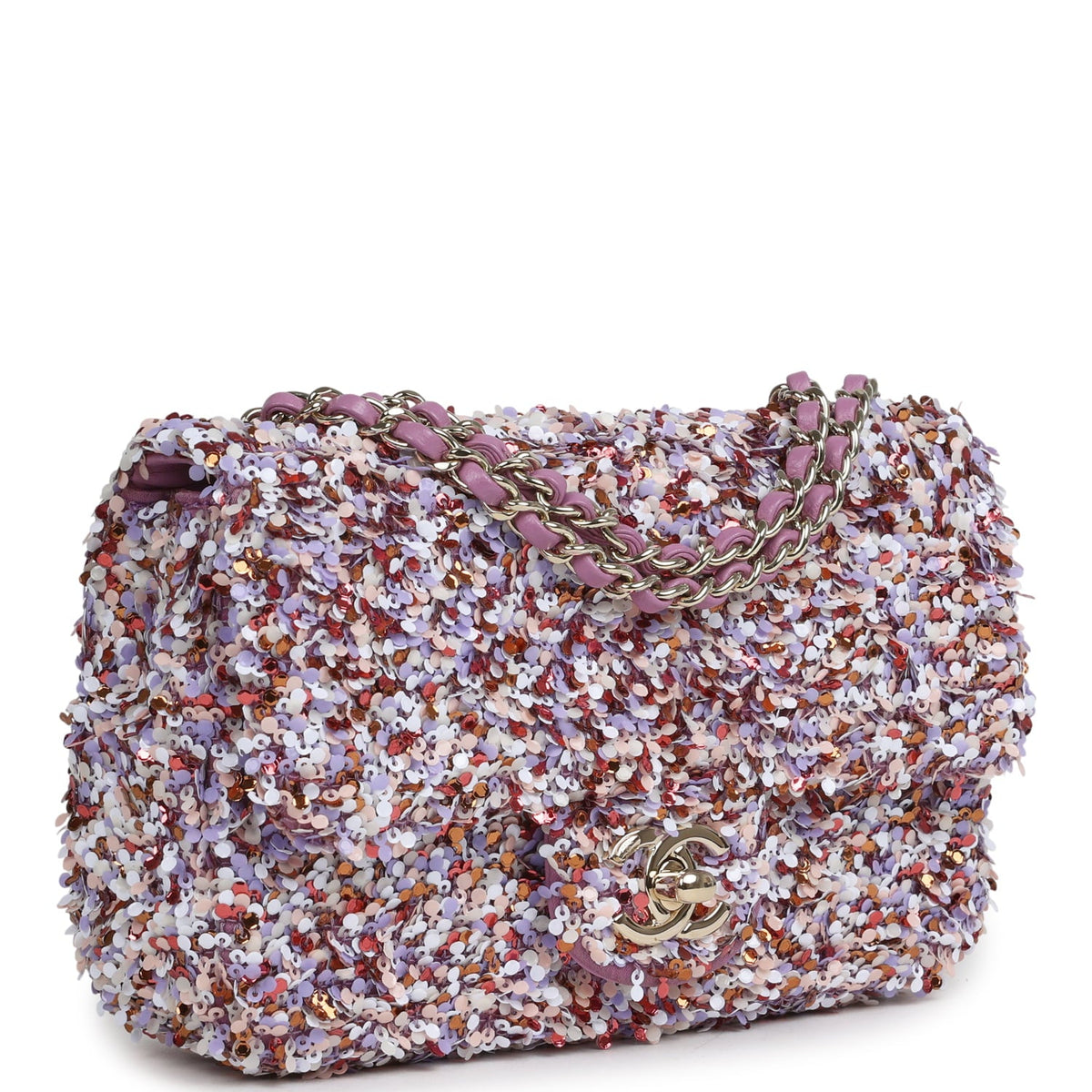 Chanel Mini Rectangular Flap Bag Light Purple, Pink, White, Multi Sequin Light Gold Hardware
