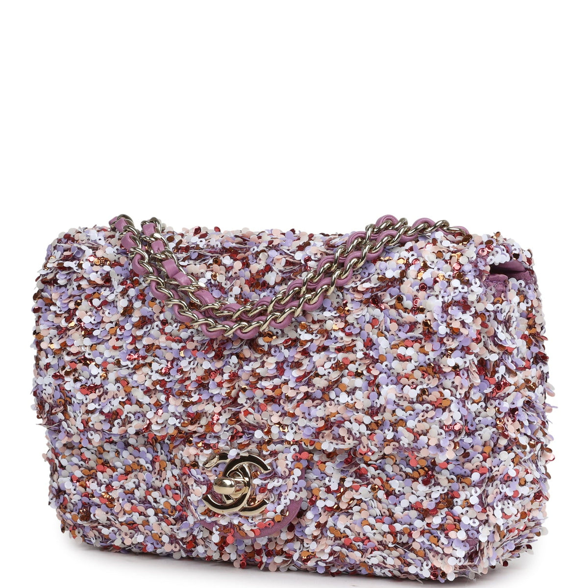 Chanel Mini Rectangular Flap Bag Light Purple, Pink, White, Multi Sequin Light Gold Hardware