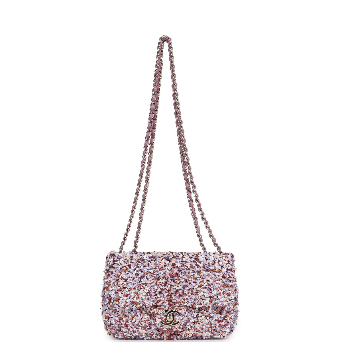 Chanel Mini Rectangular Flap Bag Light Purple, Pink, White, Multi Sequin Light Gold Hardware
