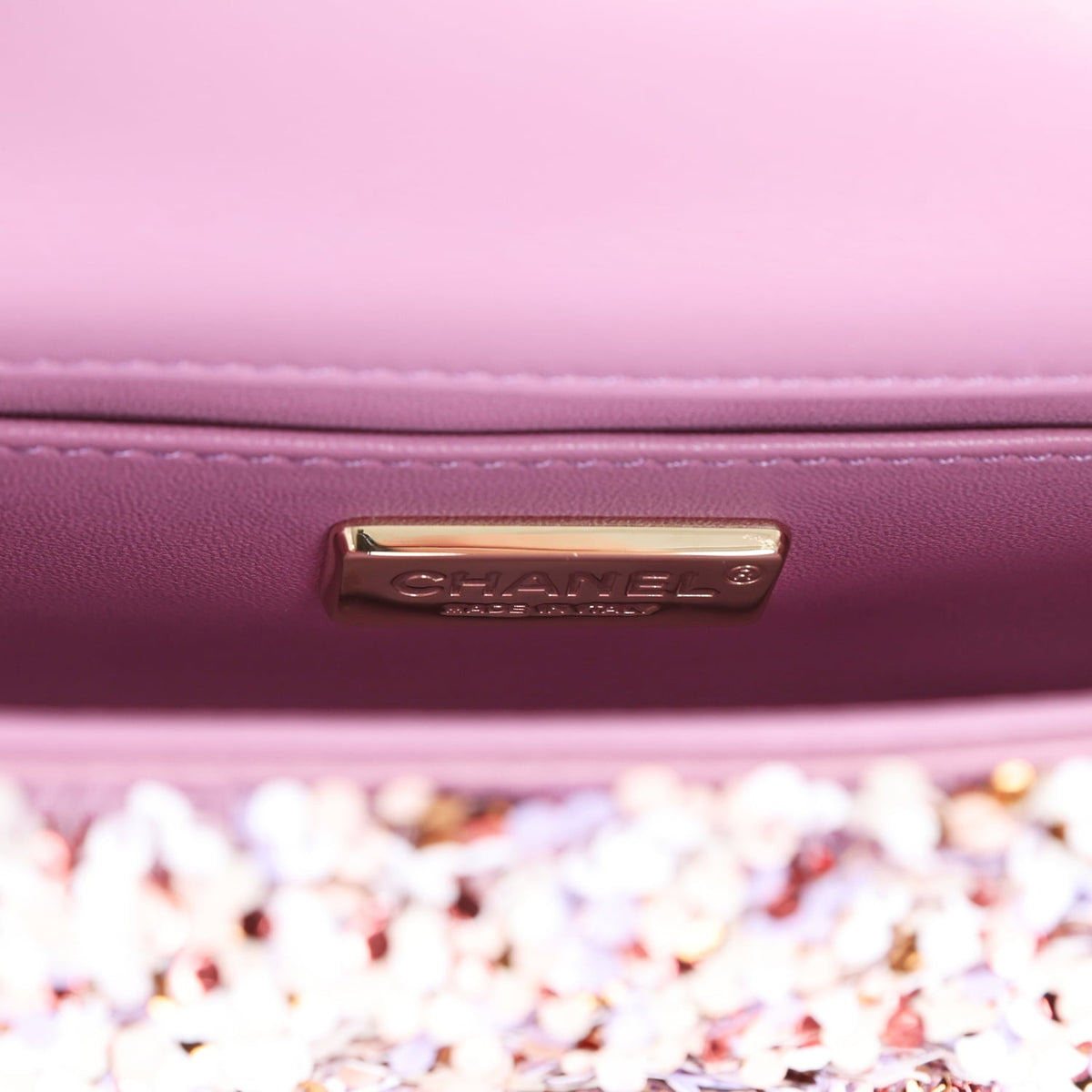 Chanel Mini Rectangular Flap Bag Light Purple, Pink, White, Multi Sequin Light Gold Hardware