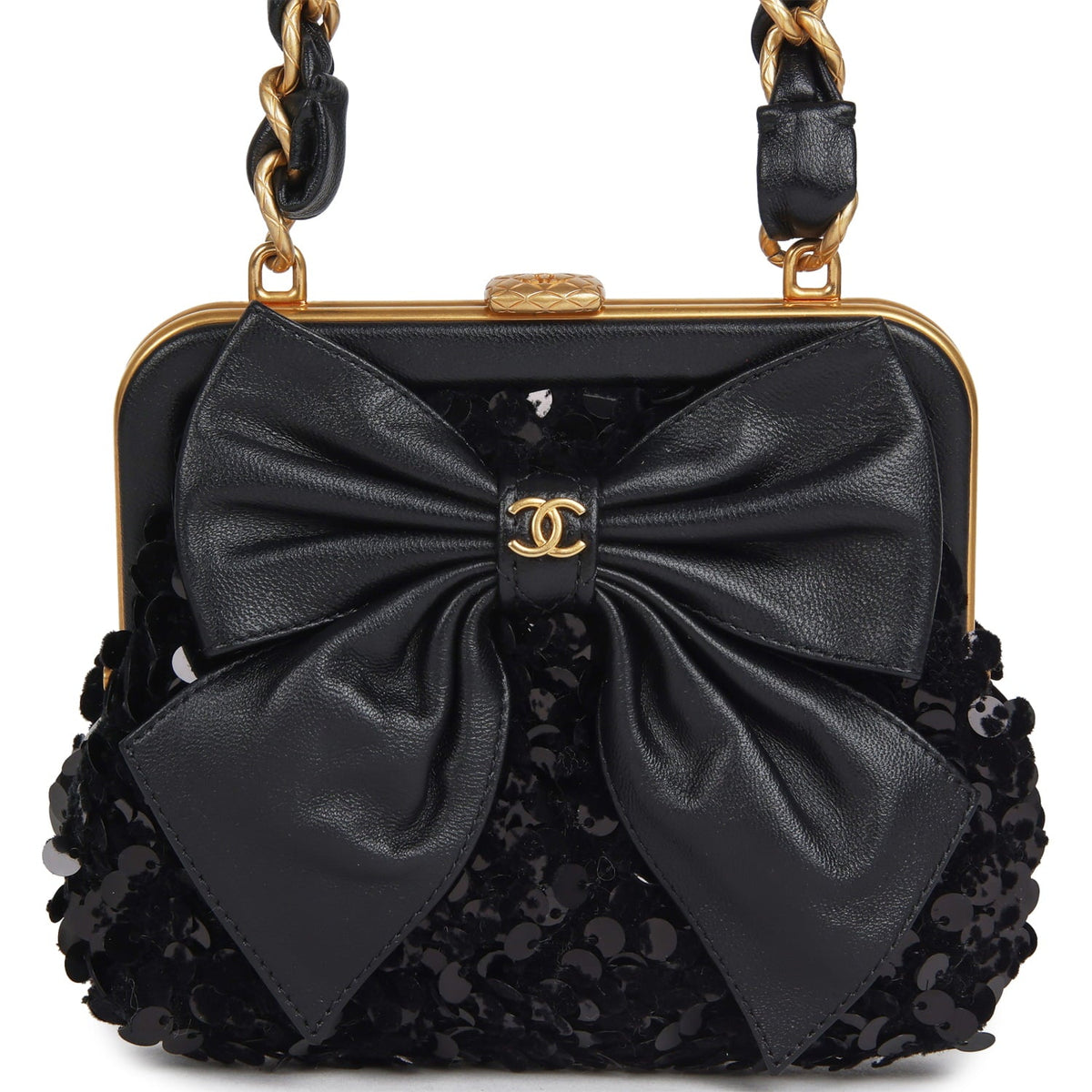 Pre-owned Chanel Mini Clutch with Bow Crossbody Bag Black Shiny Lambskin, Sequin Antique Gold Hardware
