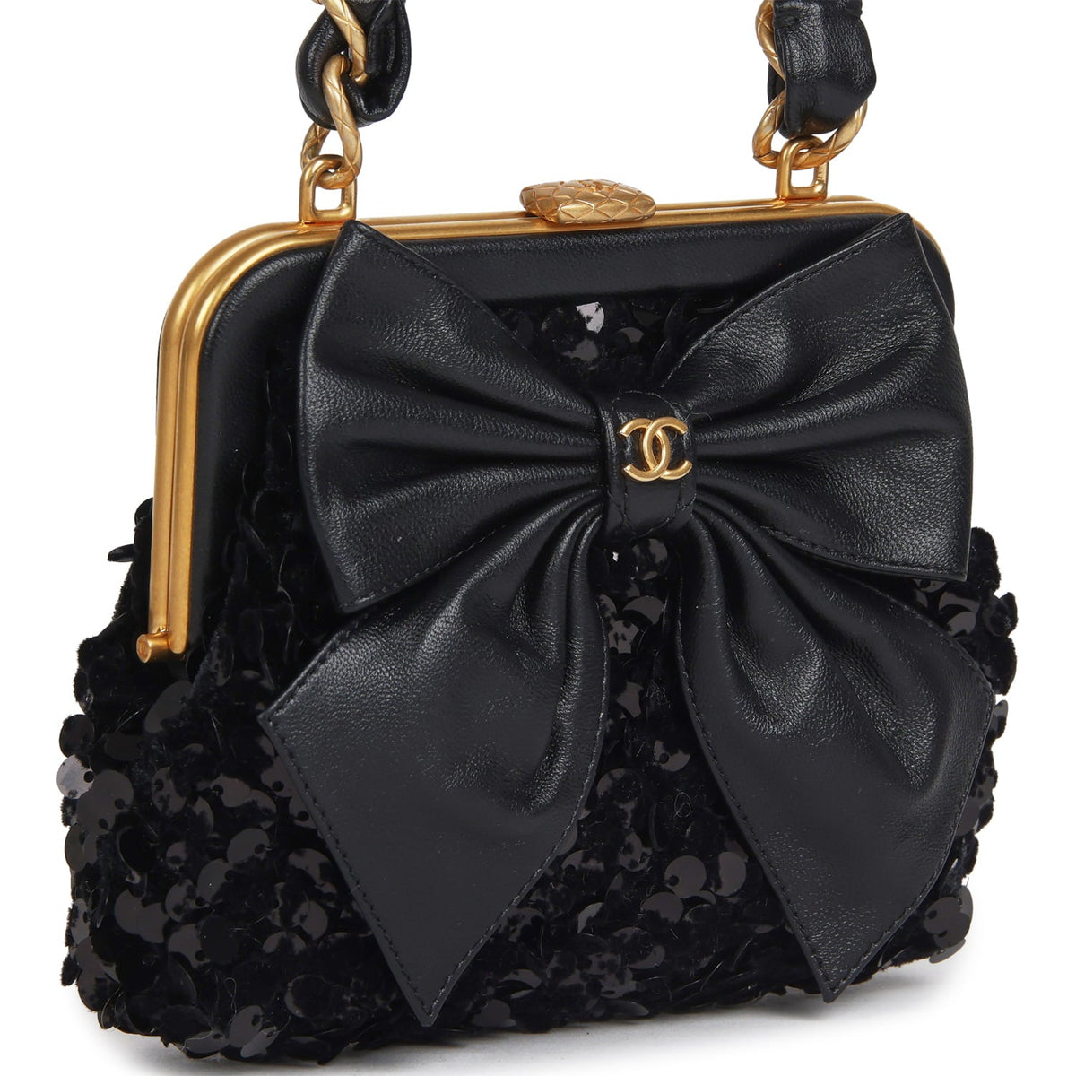 Pre-owned Chanel Mini Clutch with Bow Crossbody Bag Black Shiny Lambskin, Sequin Antique Gold Hardware