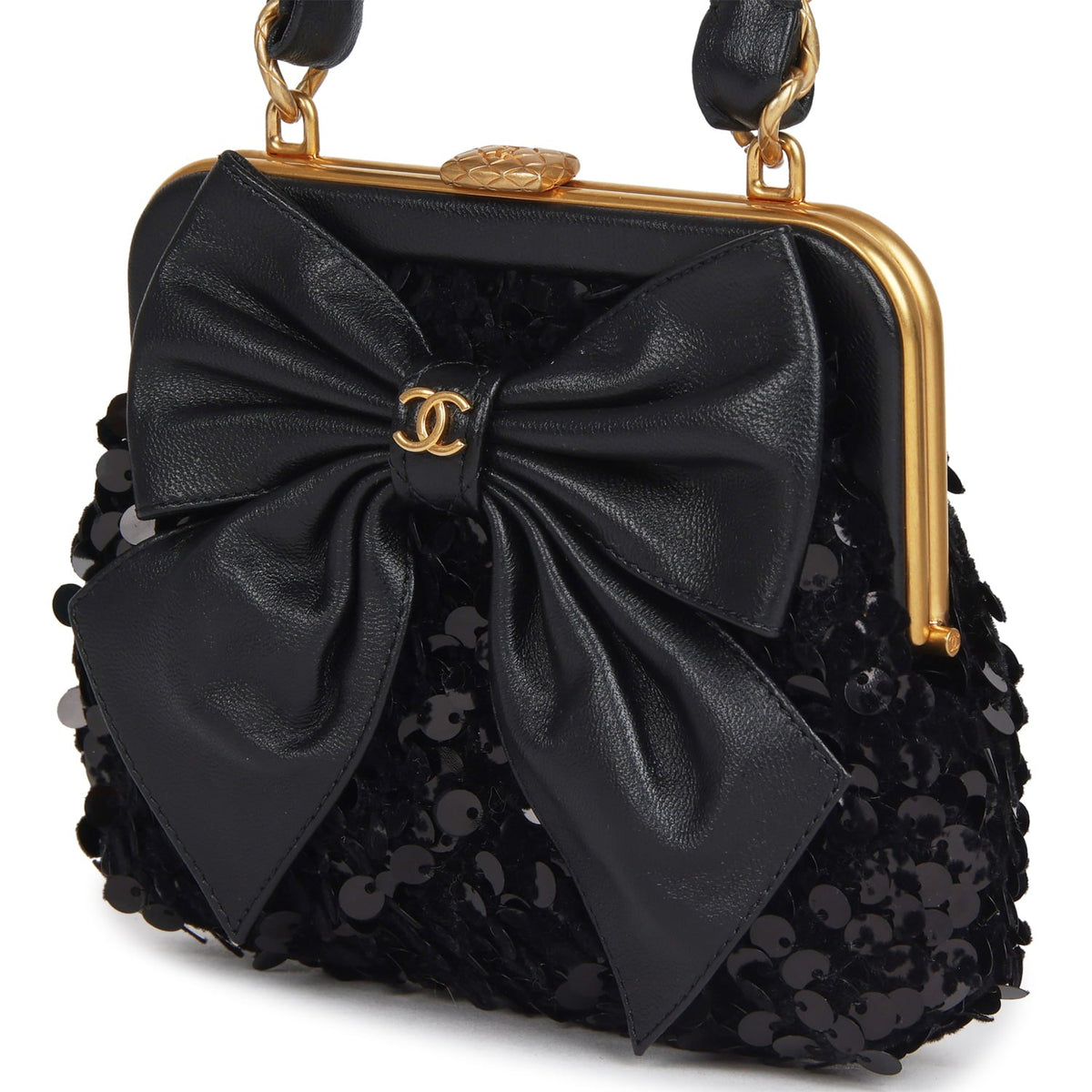 Pre-owned Chanel Mini Clutch with Bow Crossbody Bag Black Shiny Lambskin, Sequin Antique Gold Hardware