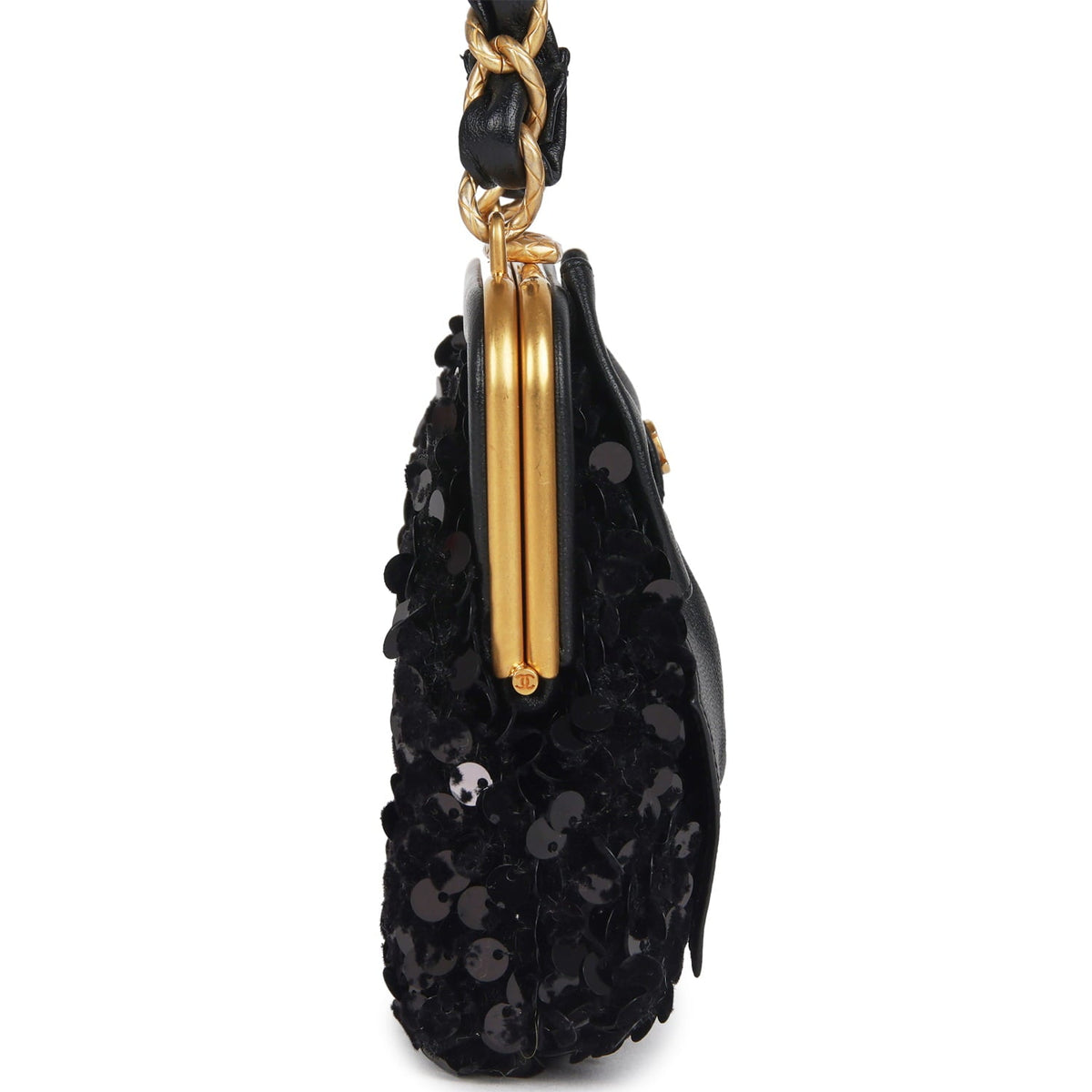 Pre-owned Chanel Mini Clutch with Bow Crossbody Bag Black Shiny Lambskin, Sequin Antique Gold Hardware