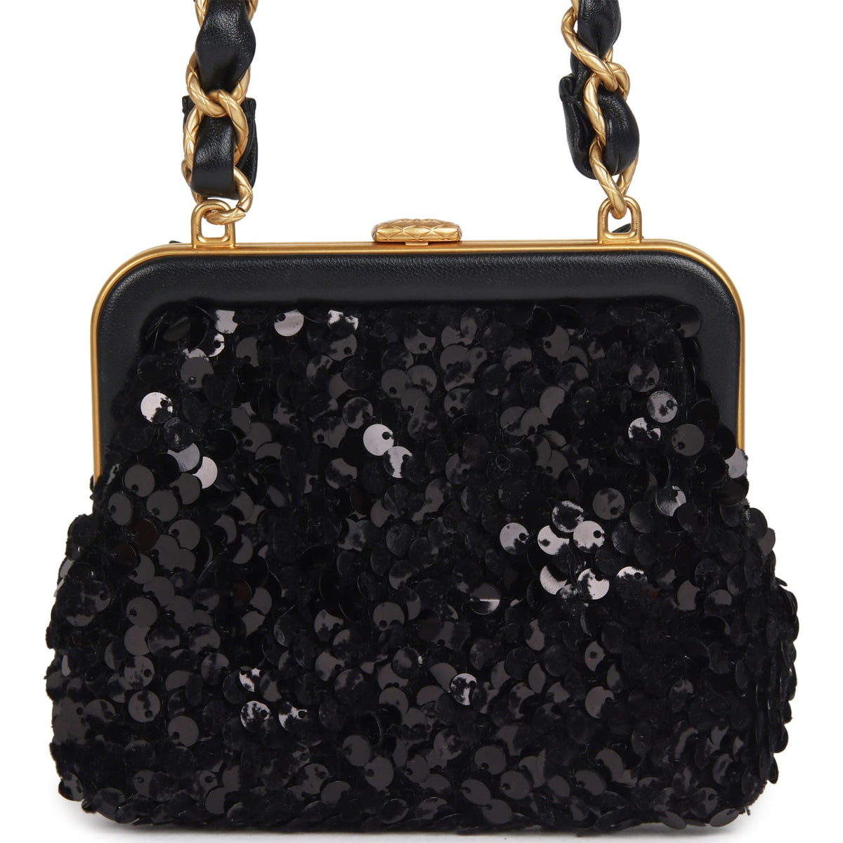 Pre-owned Chanel Mini Clutch with Bow Crossbody Bag Black Shiny Lambskin, Sequin Antique Gold Hardware