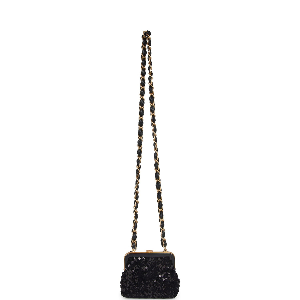Pre-owned Chanel Mini Clutch with Bow Crossbody Bag Black Shiny Lambskin, Sequin Antique Gold Hardware