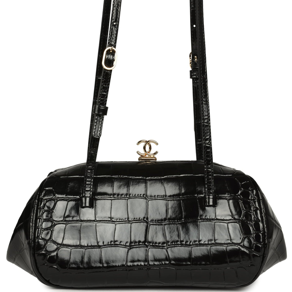 Chanel Clutch Bag with Leather Straps Black Croc Embossed Calfskin Gold Hardware