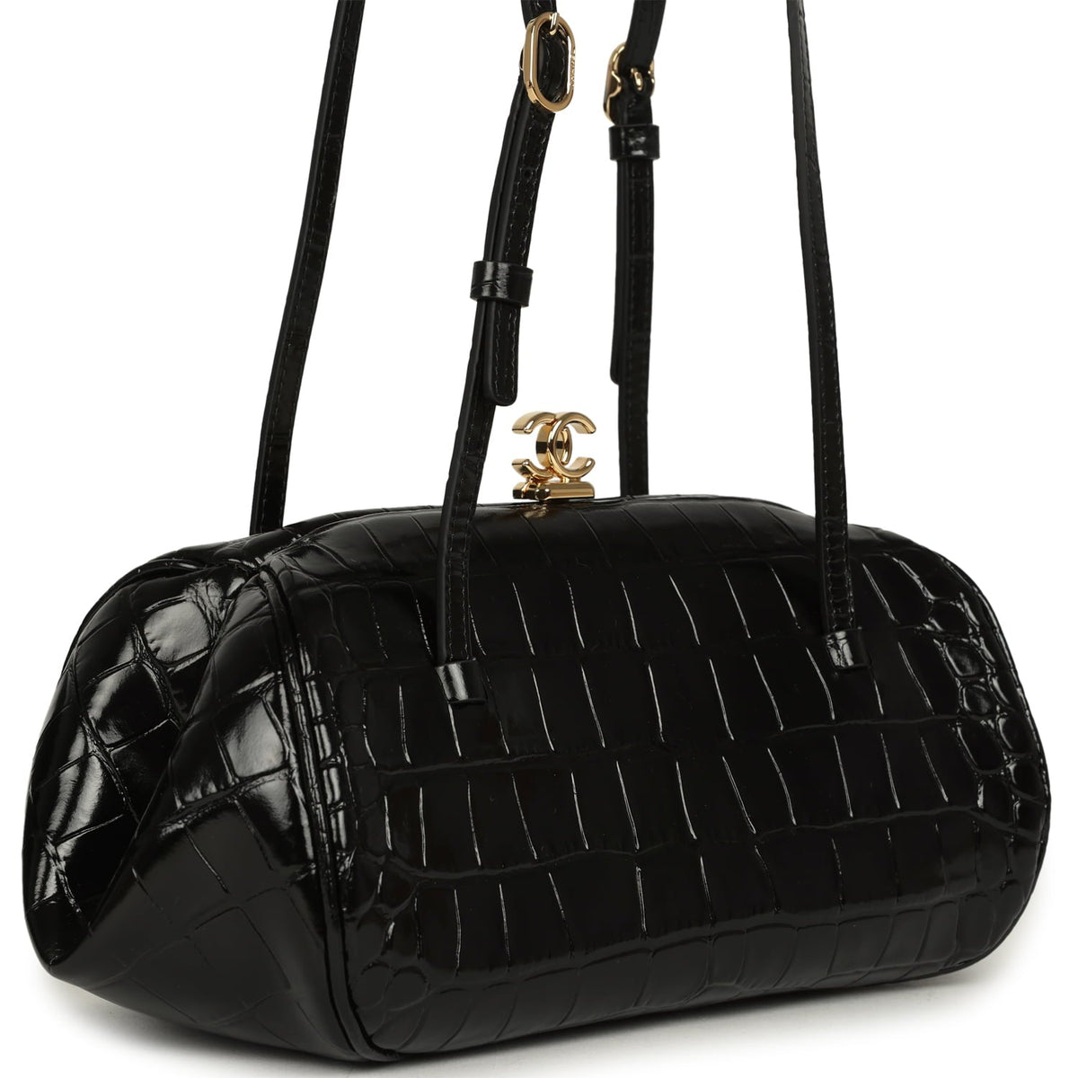 Chanel Clutch Bag with Leather Straps Black Croc Embossed Calfskin Gold Hardware