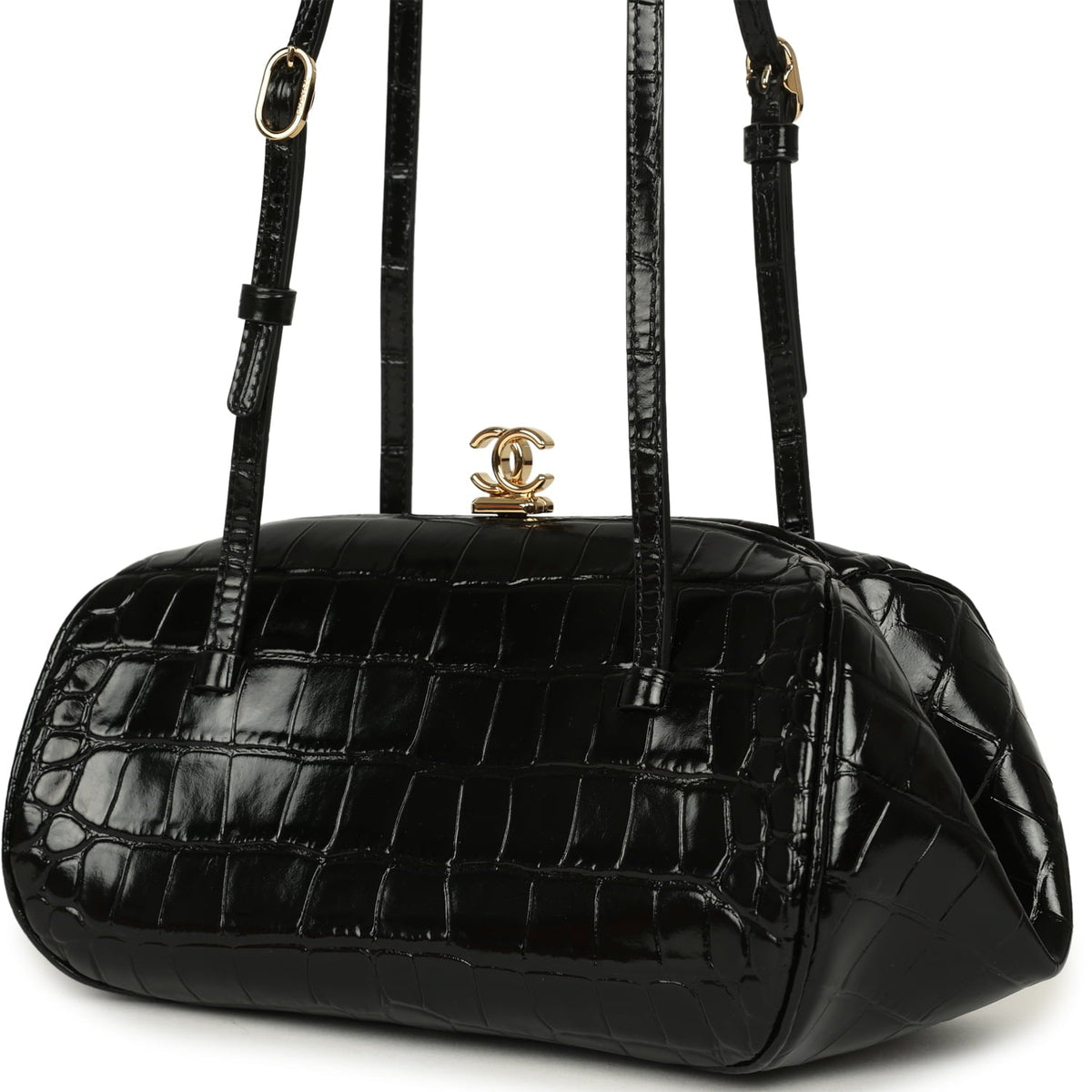Chanel Clutch Bag with Leather Straps Black Croc Embossed Calfskin Gold Hardware
