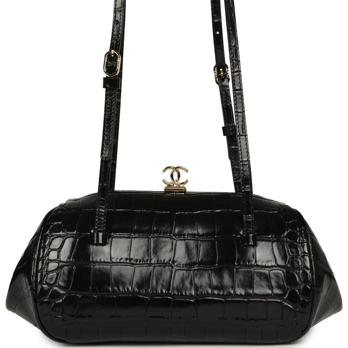 Chanel Clutch Bag with Leather Straps Black Croc Embossed Calfskin Gold Hardware