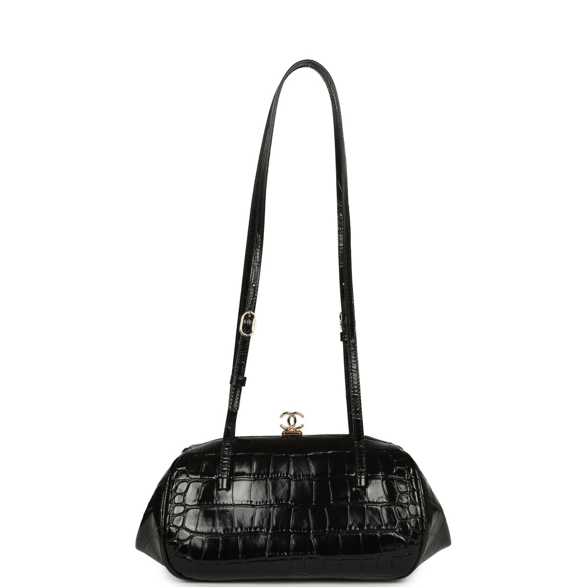 Chanel Clutch Bag with Leather Straps Black Croc Embossed Calfskin Gold Hardware