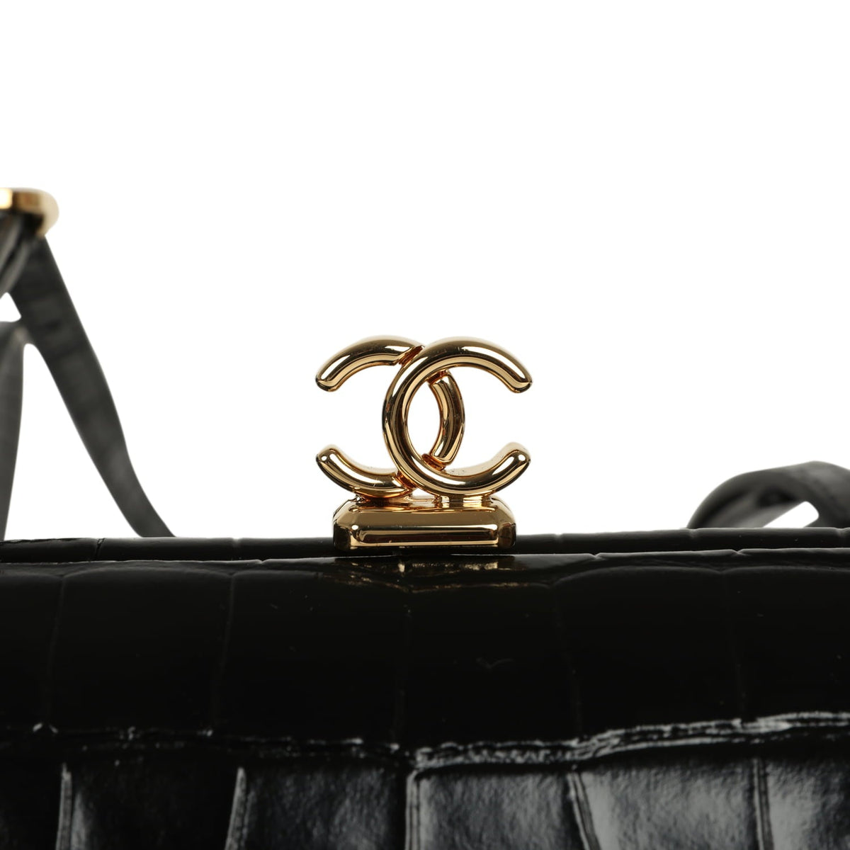 Chanel Clutch Bag with Leather Straps Black Croc Embossed Calfskin Gold Hardware