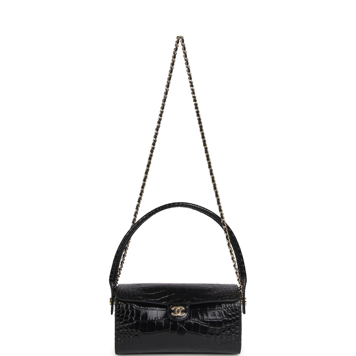 Chanel Barrel Clutch Bag with Chain Black Croc Embossed Calfskin Gold Hardware