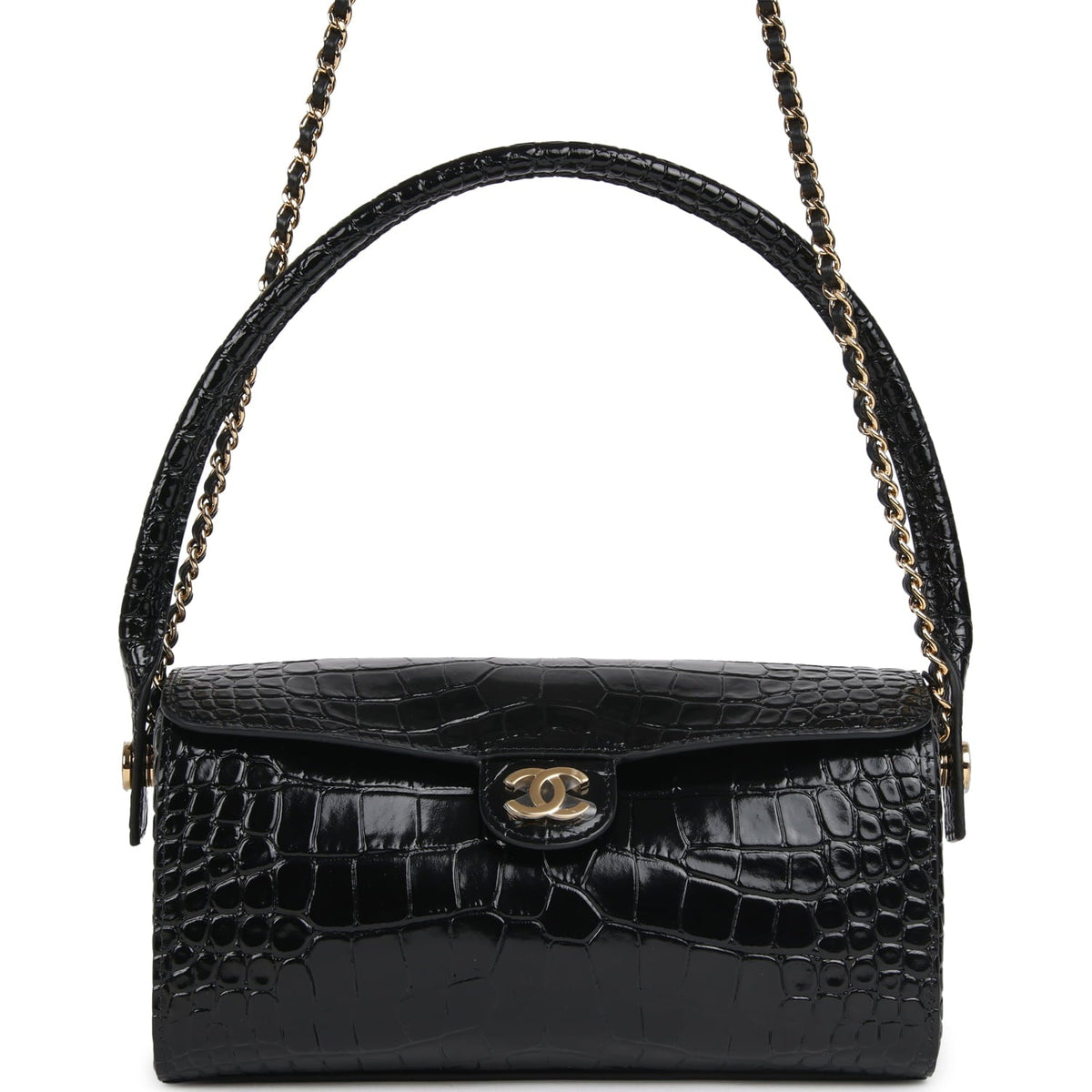 Chanel Barrel Clutch Bag with Chain Black Croc Embossed Calfskin Gold Hardware