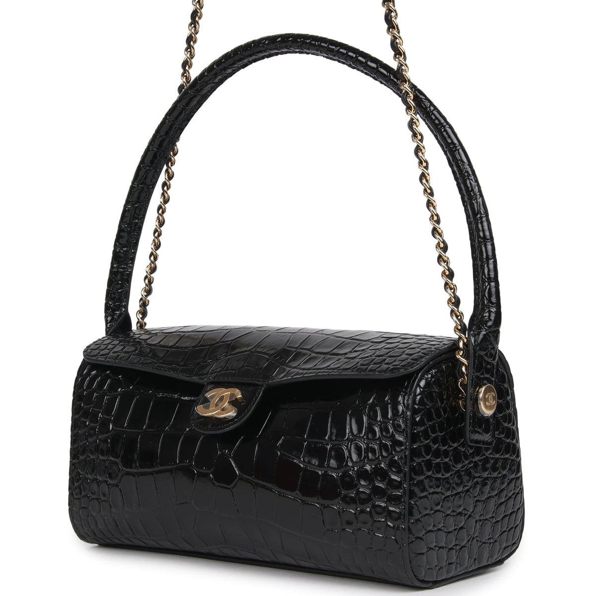 Chanel Barrel Clutch Bag with Chain Black Croc Embossed Calfskin Gold Hardware
