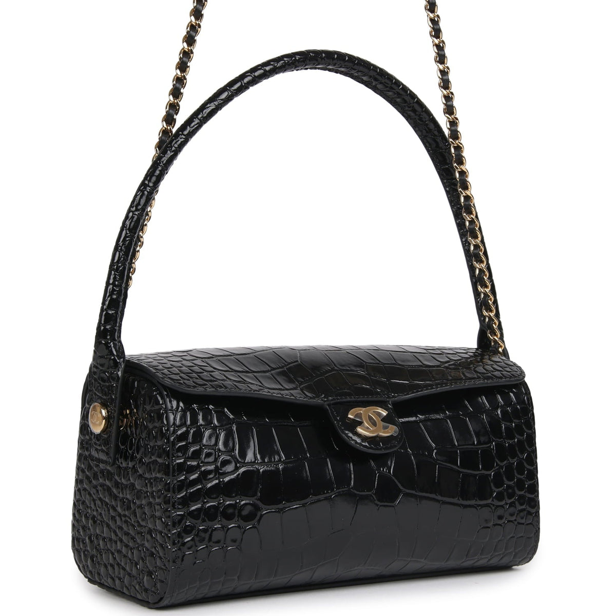 Chanel Barrel Clutch Bag with Chain Black Croc Embossed Calfskin Gold Hardware