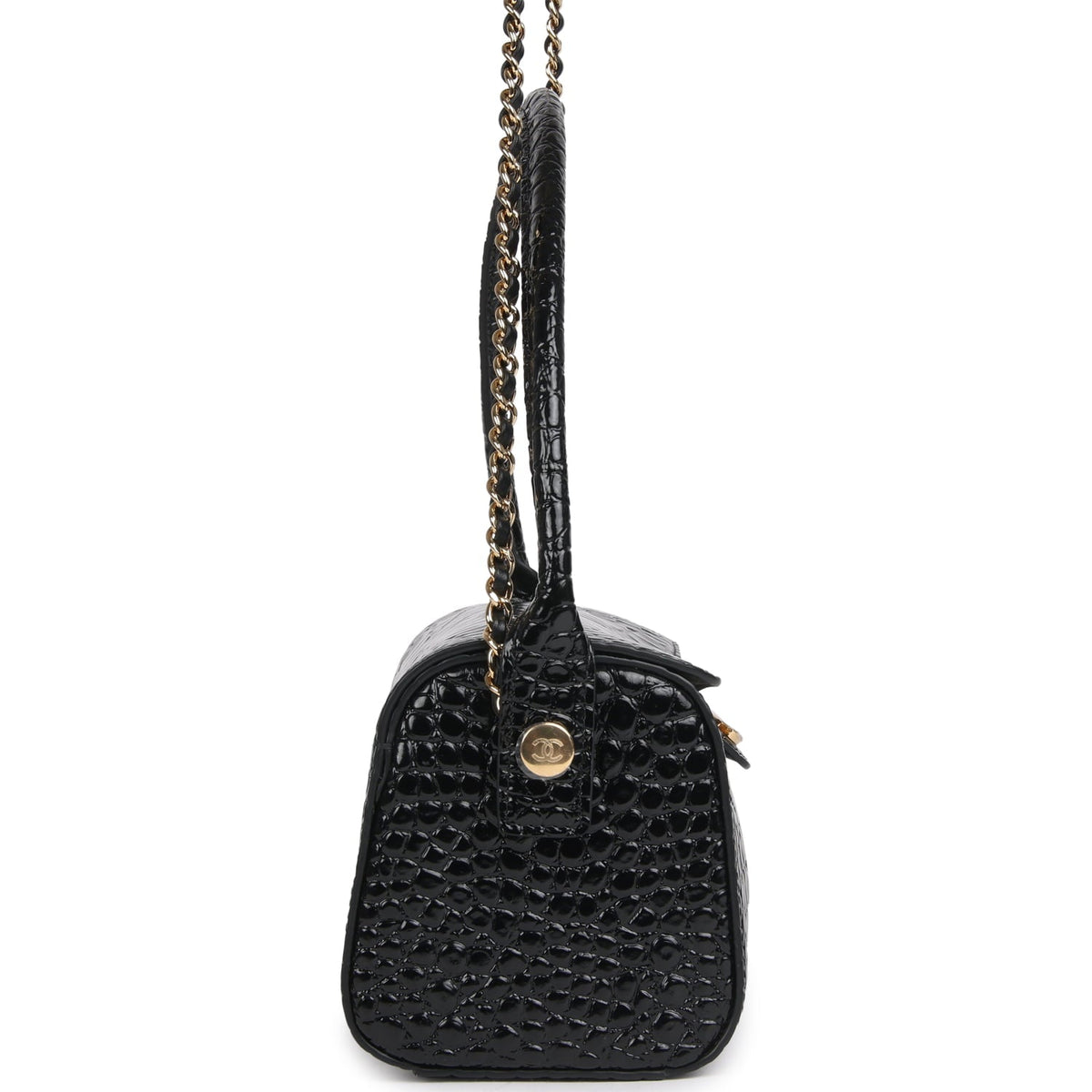 Chanel Barrel Clutch Bag with Chain Black Croc Embossed Calfskin Gold Hardware