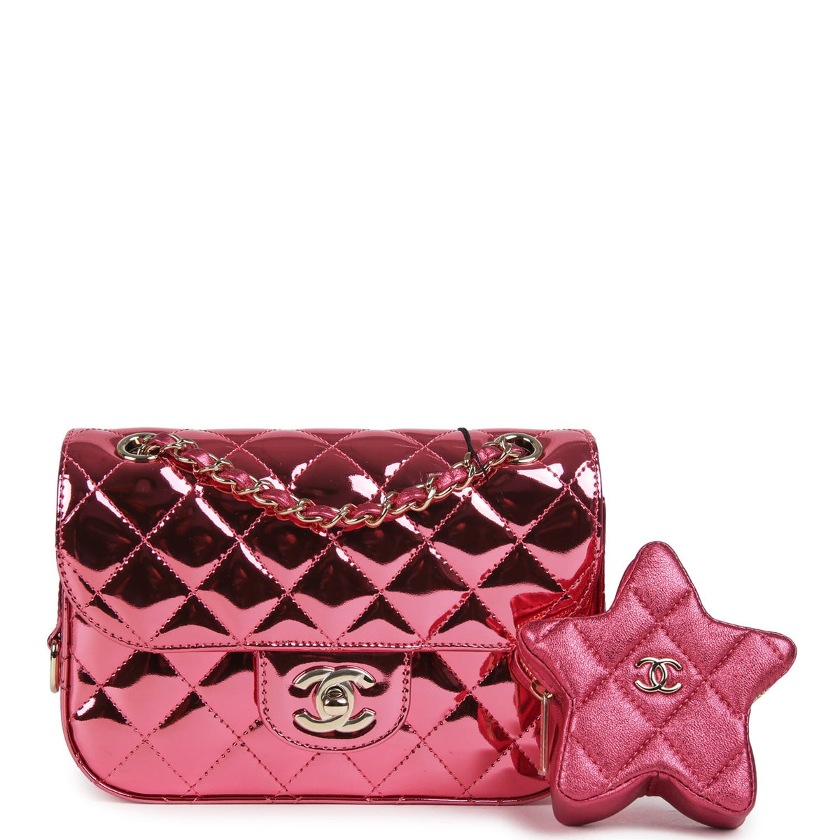Chanel Mini Flap Bag and Star Coin Purse Pink Mirror Calfskin, Metallic Calfskin Light Gold Hardware