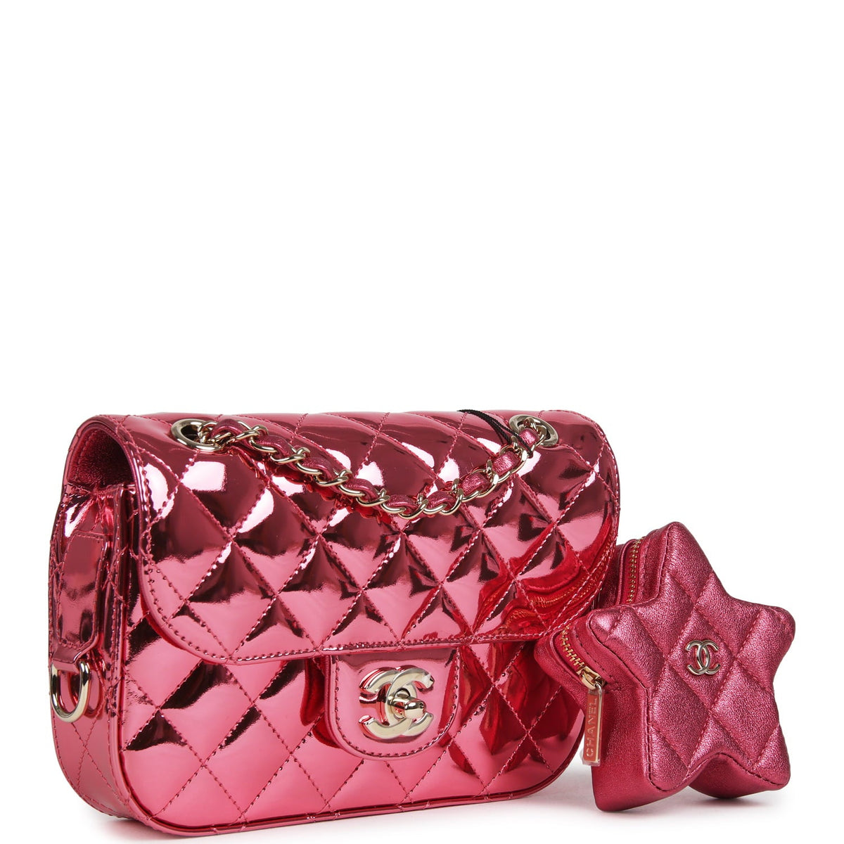 Chanel Mini Flap Bag and Star Coin Purse Pink Mirror Calfskin, Metallic Calfskin Light Gold Hardware