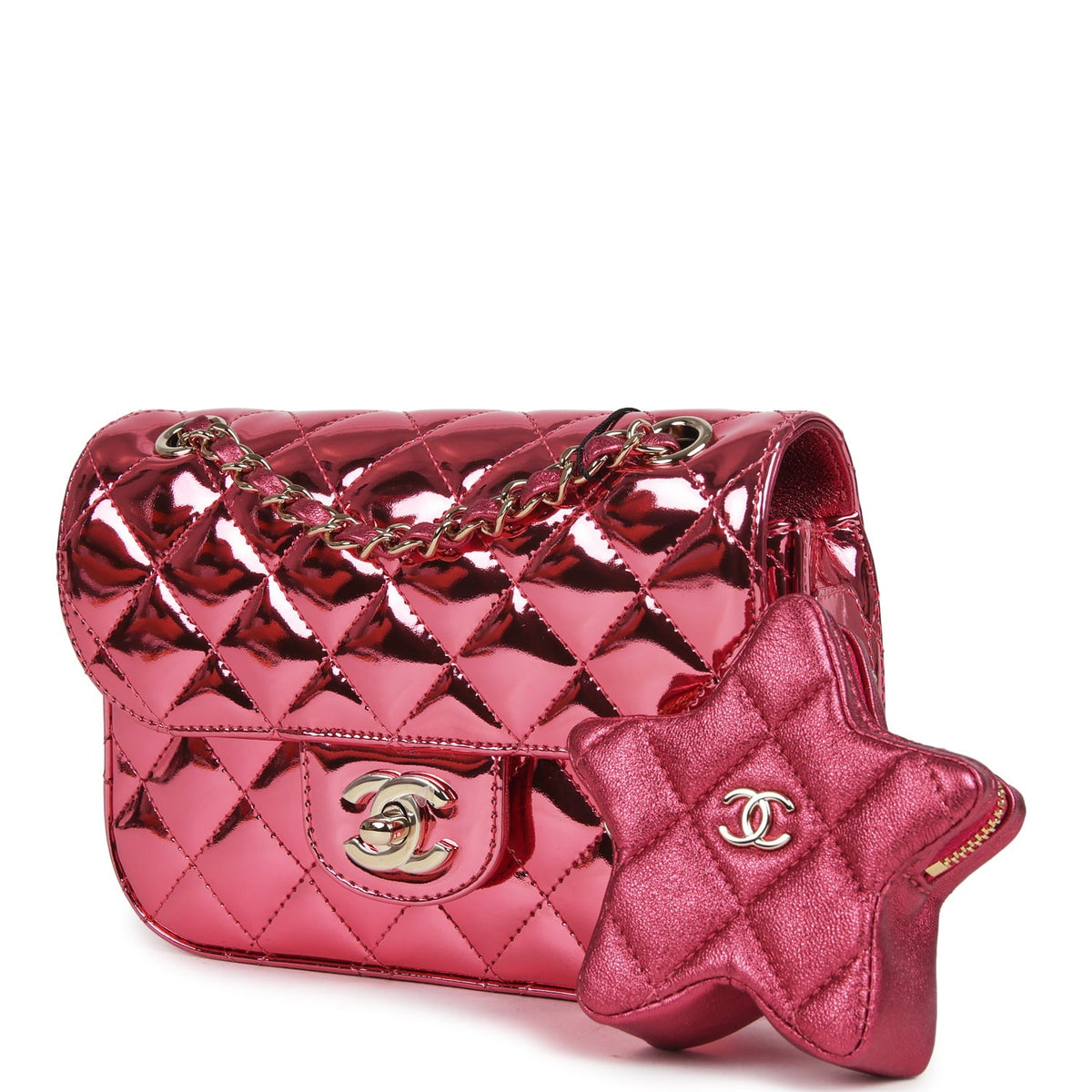 Chanel Mini Flap Bag and Star Coin Purse Pink Mirror Calfskin, Metallic Calfskin Light Gold Hardware