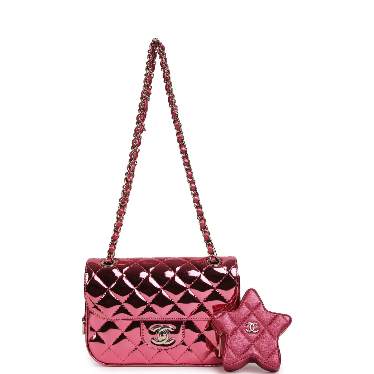 Chanel Mini Flap Bag and Star Coin Purse Pink Mirror Calfskin, Metallic Calfskin Light Gold Hardware