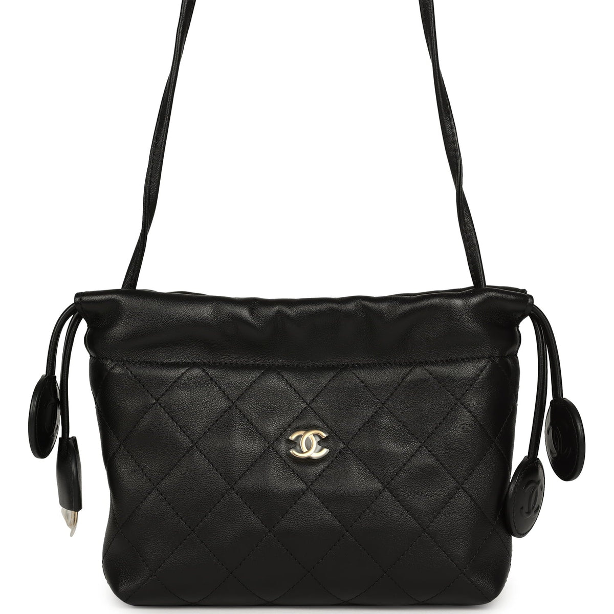 Chanel CC Drawstring Clutch with Leather Strap Black Lambskin Gold Hardware