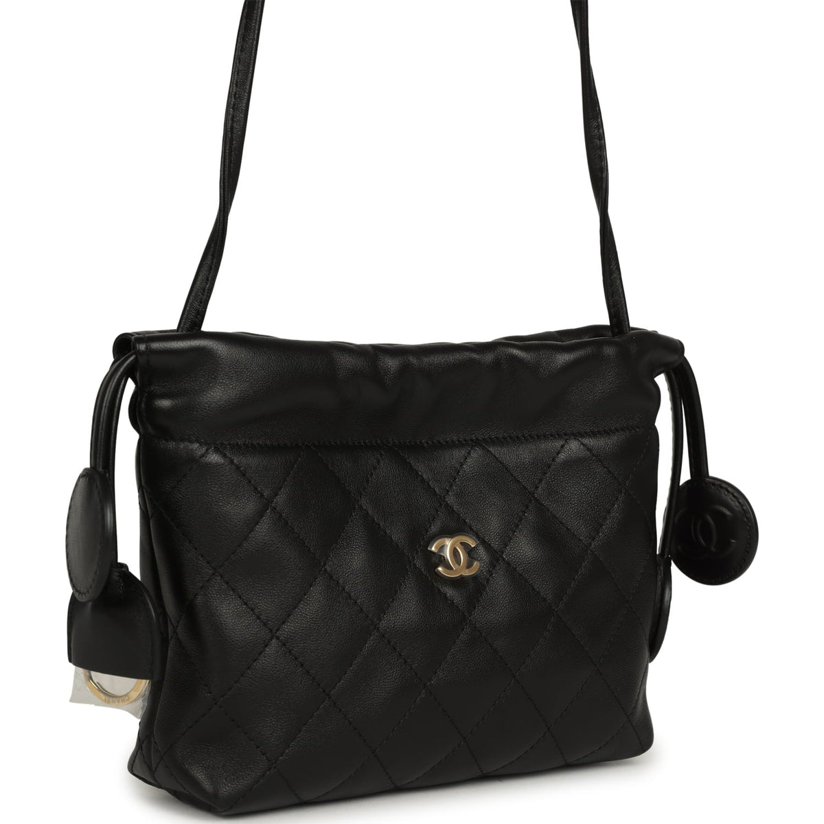 Chanel CC Drawstring Clutch with Leather Strap Black Lambskin Gold Hardware