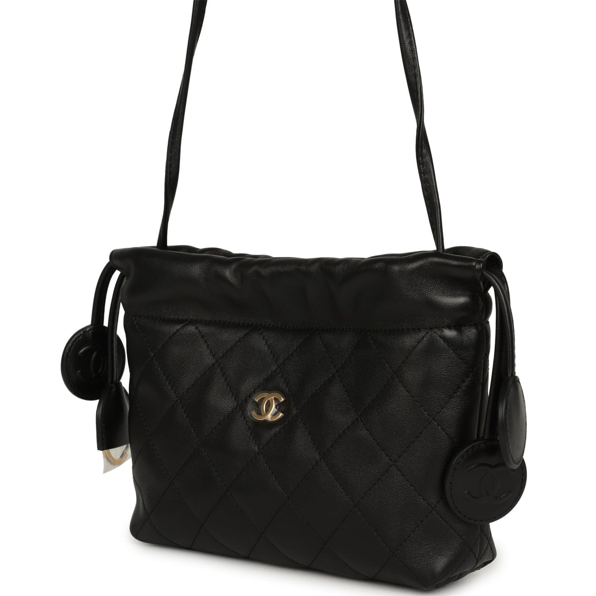 Chanel CC Drawstring Clutch with Leather Strap Black Lambskin Gold Hardware