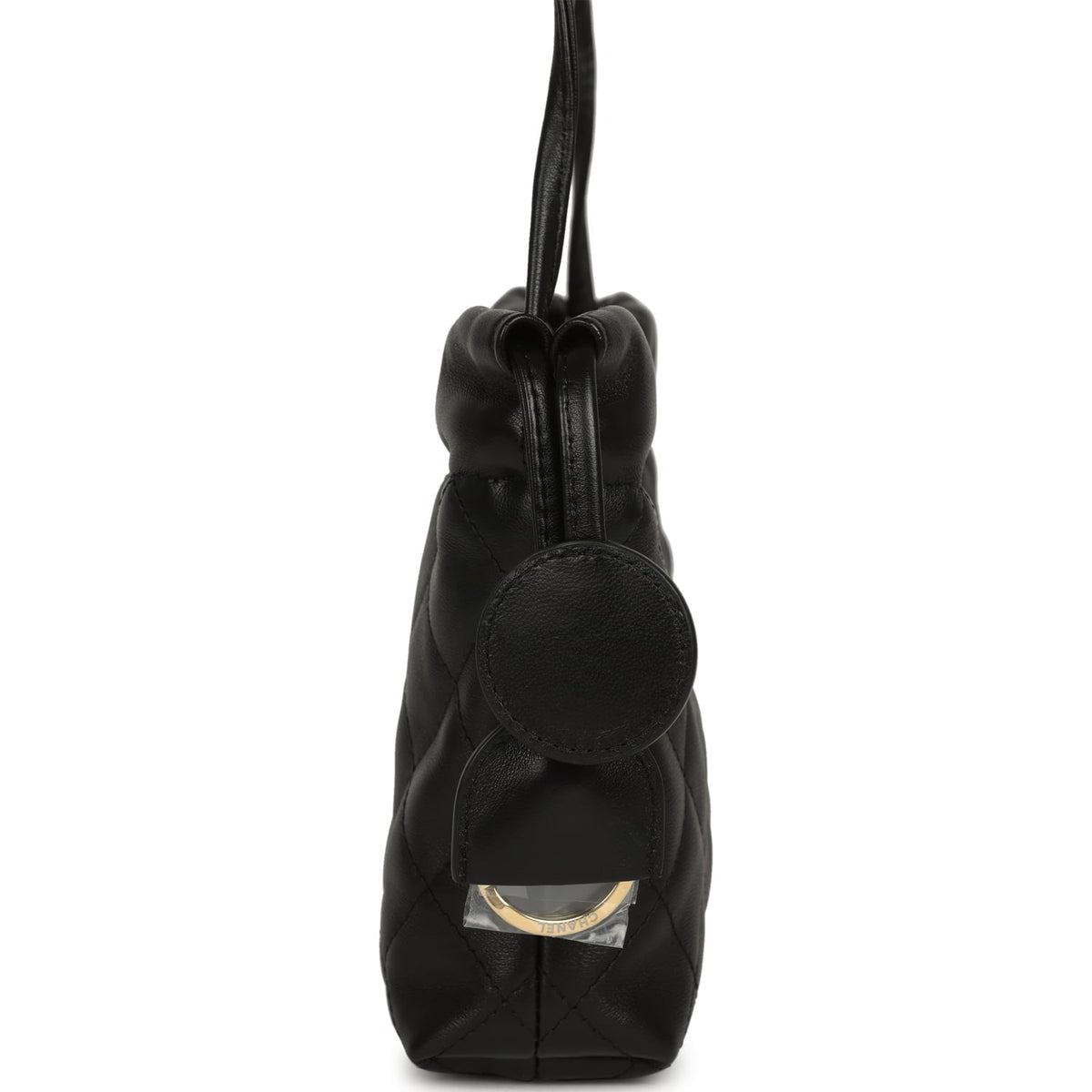 Chanel CC Drawstring Clutch with Leather Strap Black Lambskin Gold Hardware