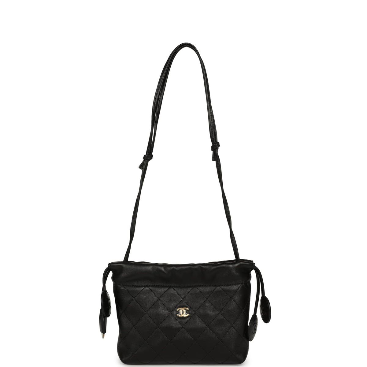 Chanel CC Drawstring Clutch with Leather Strap Black Lambskin Gold Hardware
