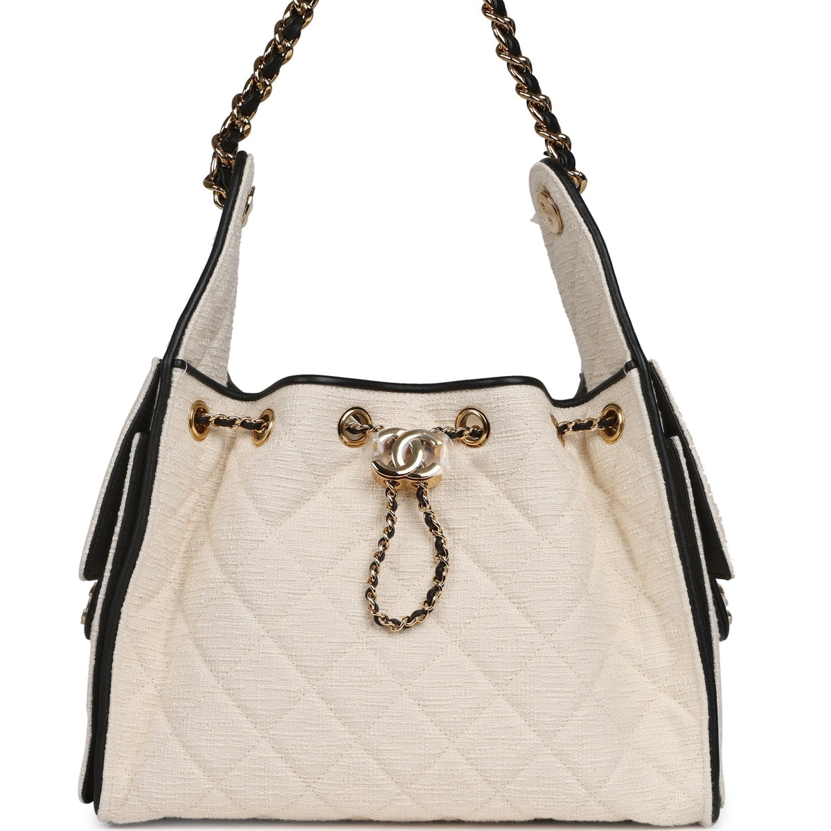 Chanel Small 25 Hobo Bag Ecru Canvas and Black Calfskin Gold Hardware
