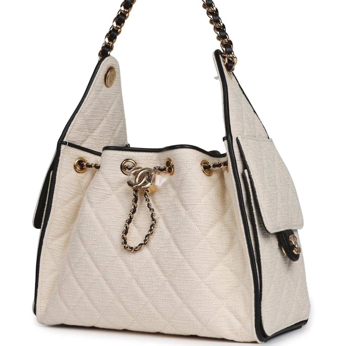 Chanel Small 25 Hobo Bag Ecru Canvas and Black Calfskin Gold Hardware