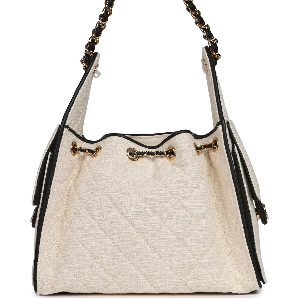 Chanel Small 25 Hobo Bag Ecru Canvas and Black Calfskin Gold Hardware