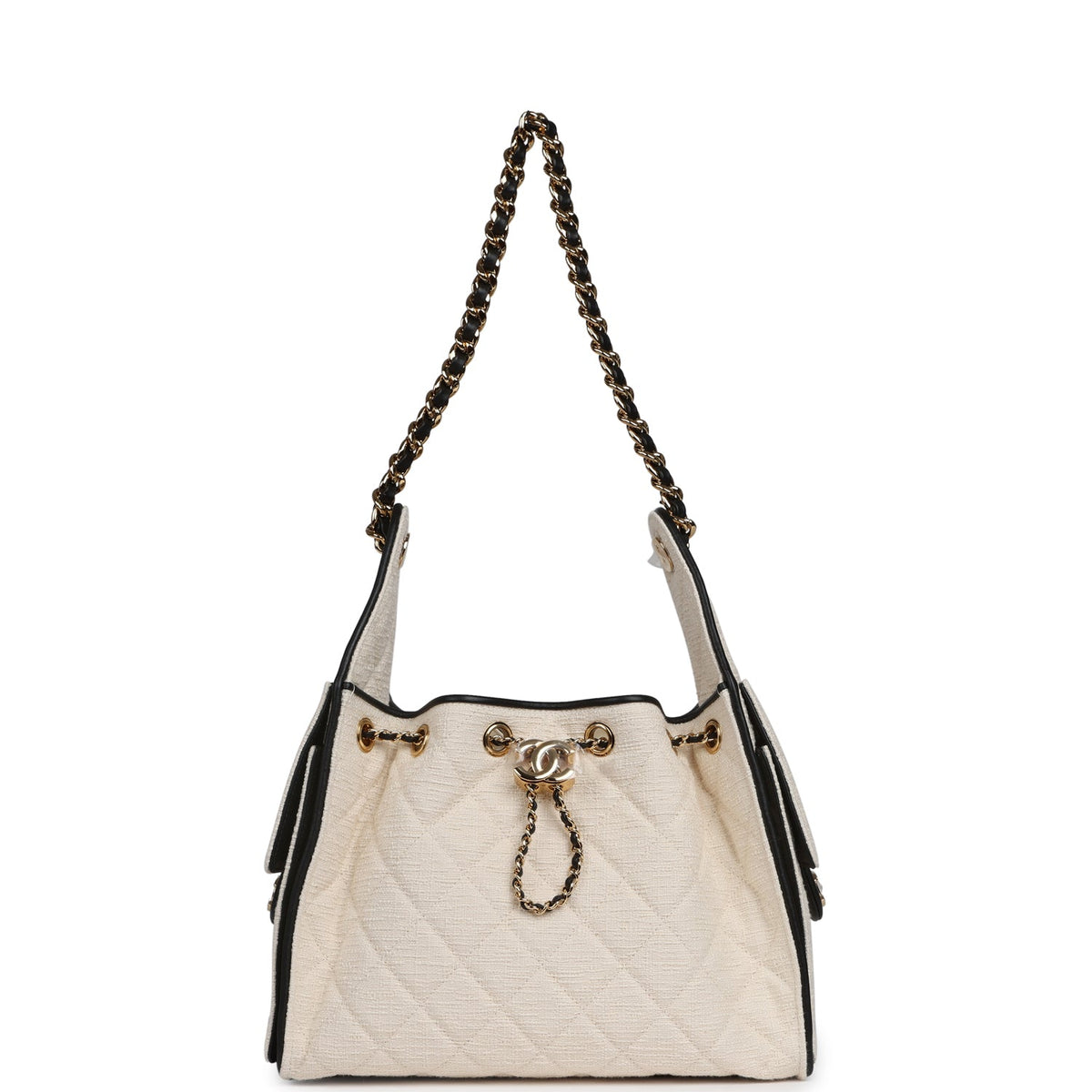 Chanel Small 25 Hobo Bag Ecru Canvas and Black Calfskin Gold Hardware