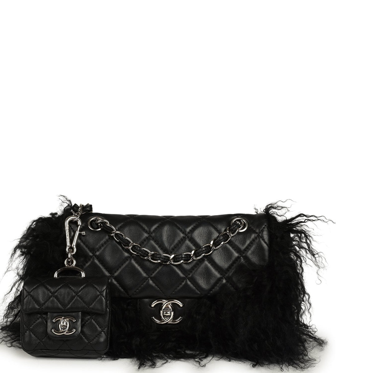 Pre-owned Chanel Medium "Tibet" Flap Bag & Mini Flap Bag Charm Black Lambskin, Goat Fur Silver Hardware