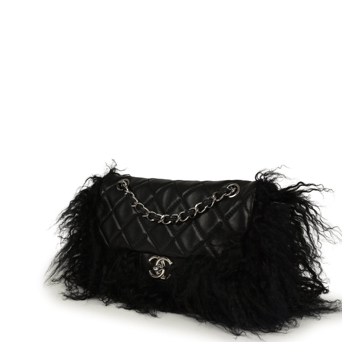 Pre-owned Chanel Medium "Tibet" Flap Bag & Mini Flap Bag Charm Black Lambskin, Goat Fur Silver Hardware