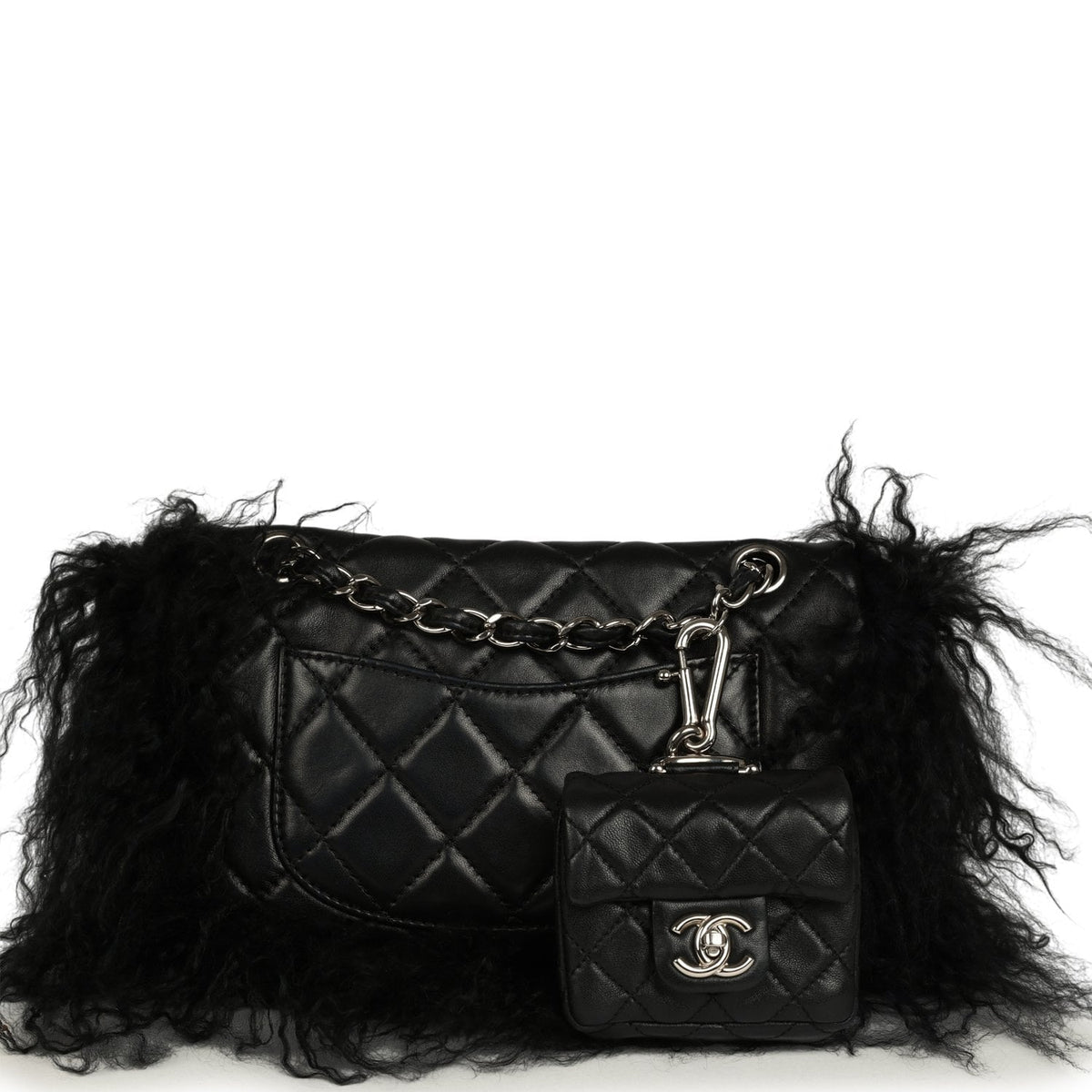 Pre-owned Chanel Medium "Tibet" Flap Bag & Mini Flap Bag Charm Black Lambskin, Goat Fur Silver Hardware