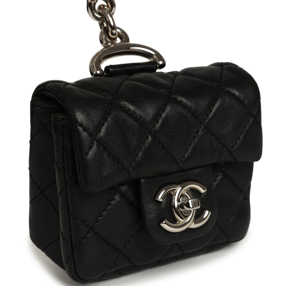 Pre-owned Chanel Medium "Tibet" Flap Bag & Mini Flap Bag Charm Black Lambskin, Goat Fur Silver Hardware