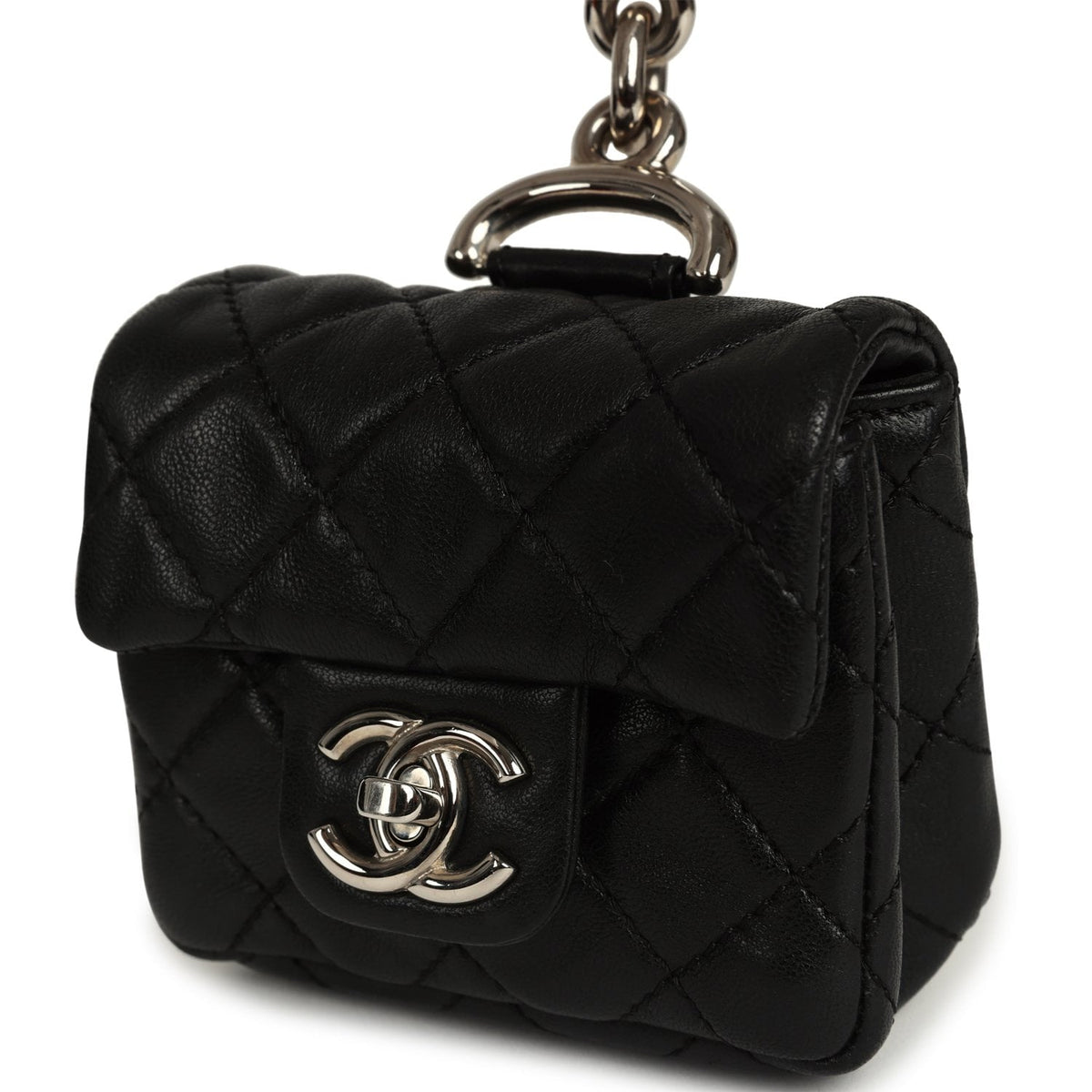 Pre-owned Chanel Medium "Tibet" Flap Bag & Mini Flap Bag Charm Black Lambskin, Goat Fur Silver Hardware