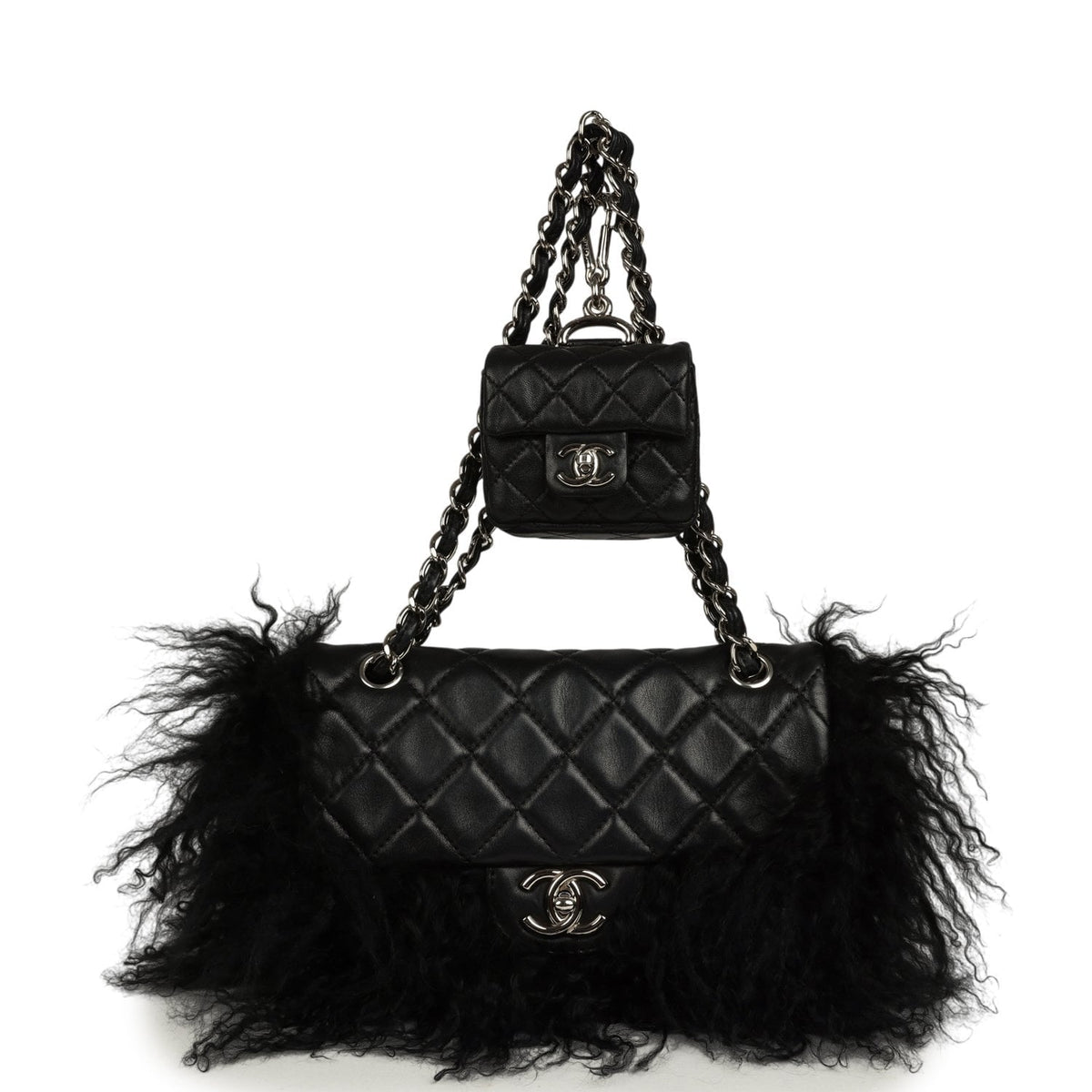 Pre-owned Chanel Medium "Tibet" Flap Bag & Mini Flap Bag Charm Black Lambskin, Goat Fur Silver Hardware