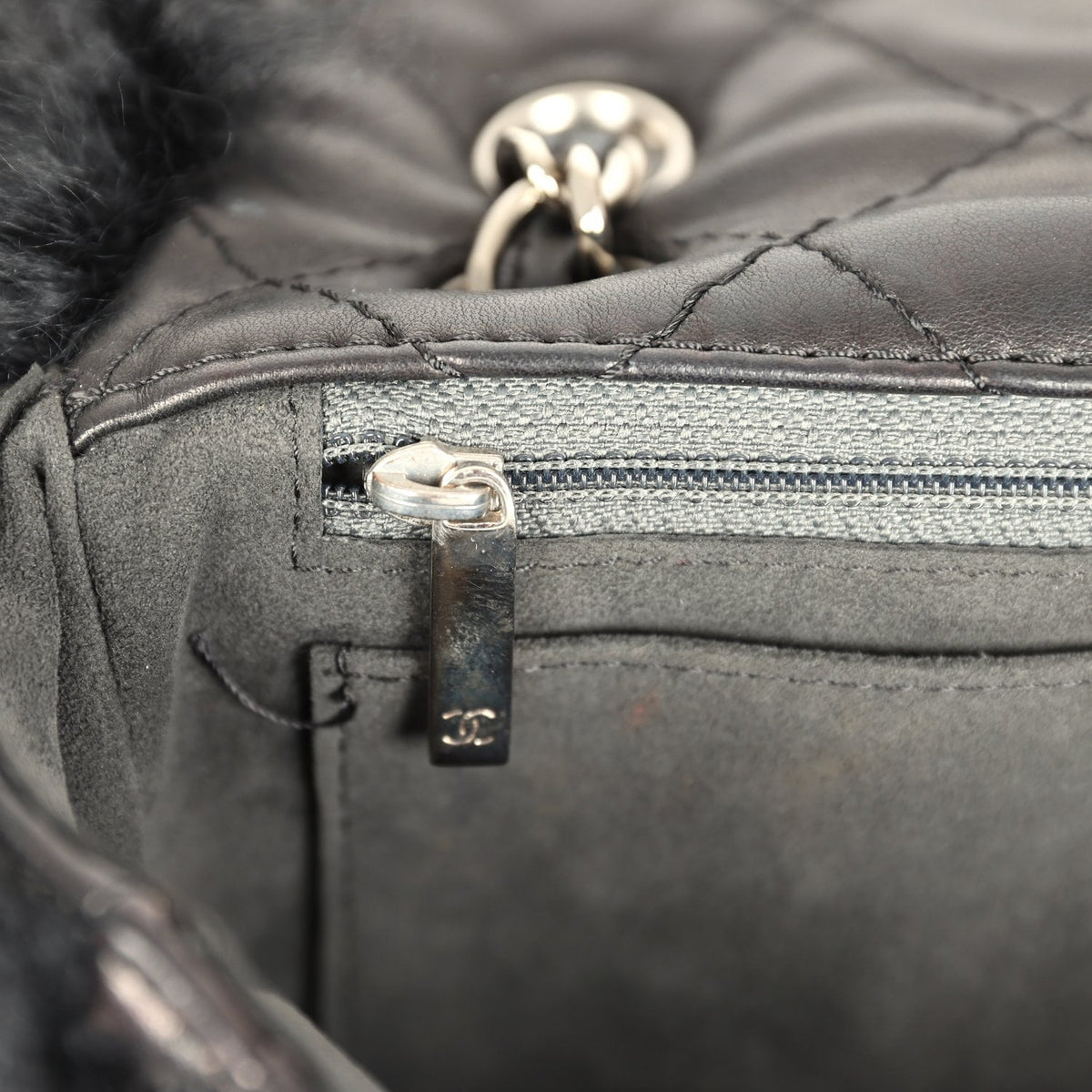 Pre-owned Chanel Medium "Tibet" Flap Bag & Mini Flap Bag Charm Black Lambskin, Goat Fur Silver Hardware