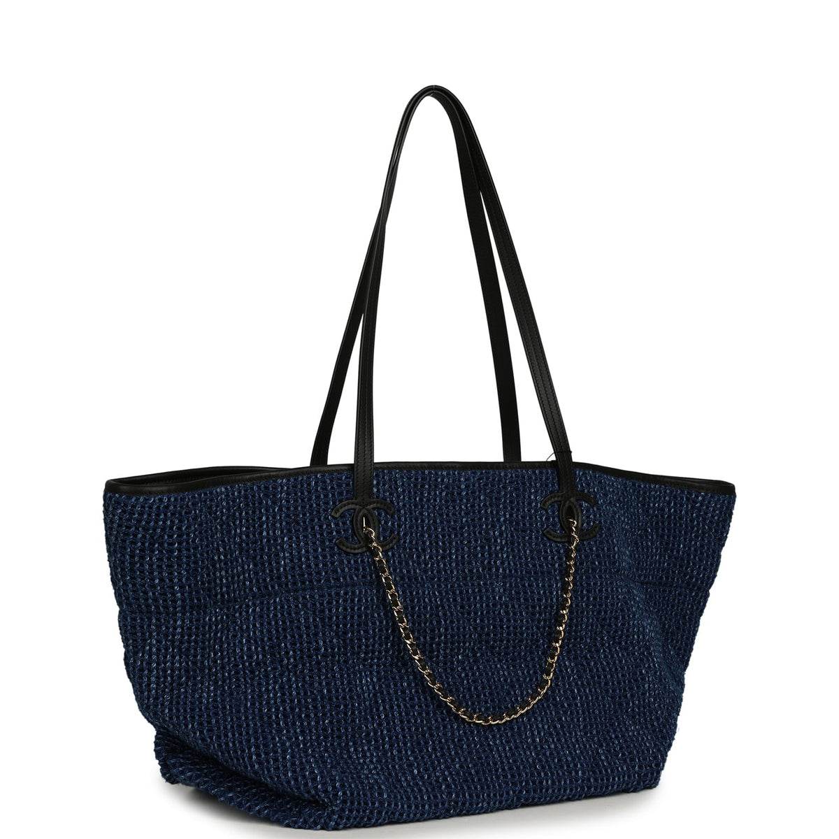 Chanel Large CC Shopping Tote Bag Dark Blue Denim, Black Calfskin Gold Hardware