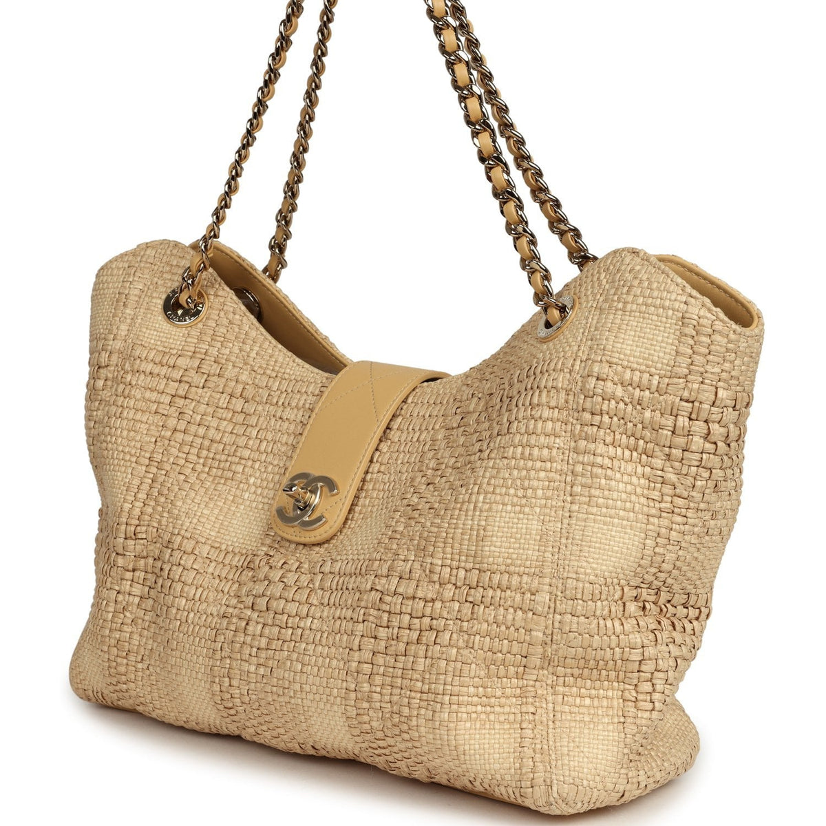 Pre-owned Chanel Small Shopping Bag Beige Braided Raffia Light Gold Hardware