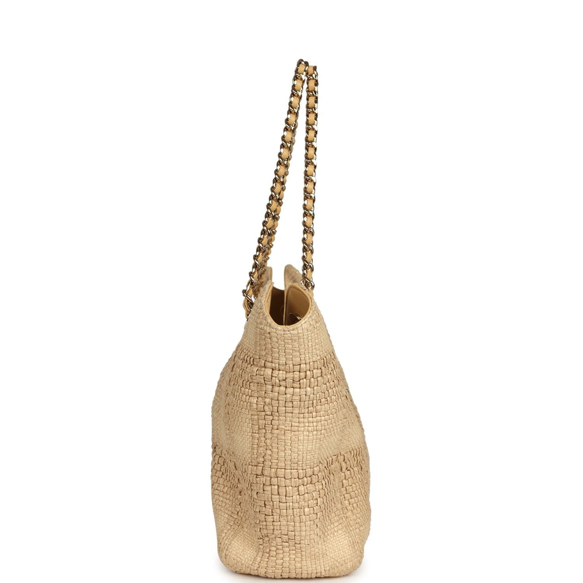 Pre-owned Chanel Small Shopping Bag Beige Braided Raffia Light Gold Hardware